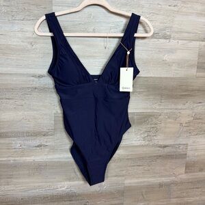 NWT Quince Italian Plunge One-Piece Swimsuit - Deep Navy Blue - Small